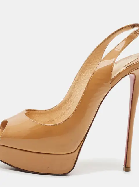 Christian Louboutin Lady Peep Size 39.5 Beige Patent Leather Peep Toe Slingback Pumps