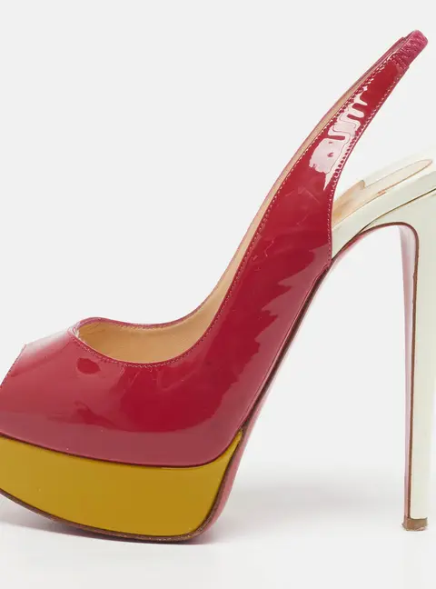 Christian Louboutin Lady Size 37 Tricolor Patent Leather Peep Toe Pumps