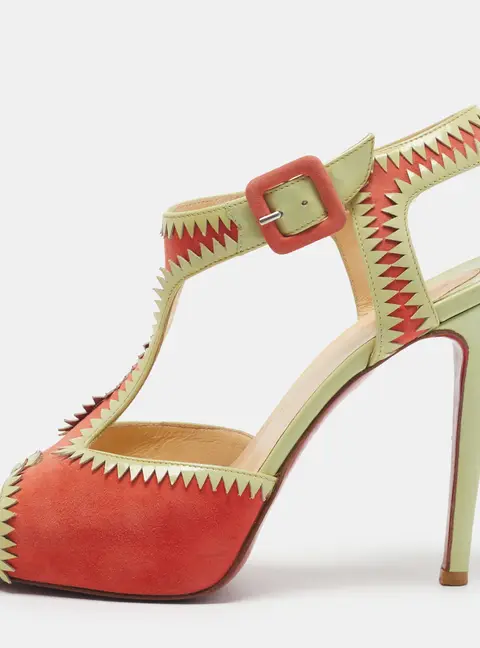 Christian Louboutin Size 39 Green/Orange Patent Leather Ankle Strap Sandals