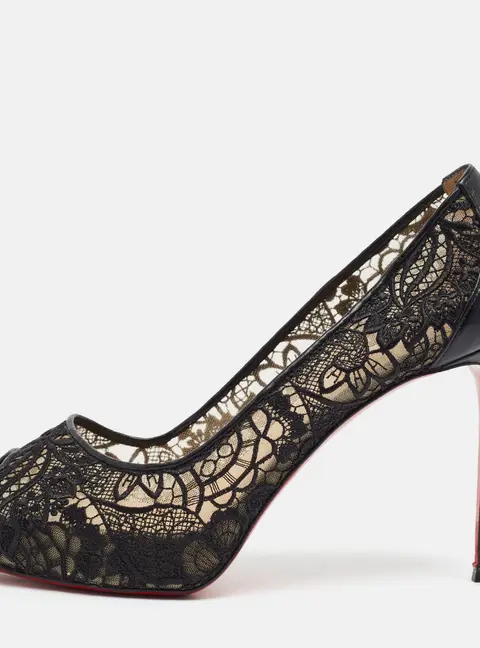Christian Louboutin Very Lace Size 39.5 Black Lace and Leather Peep Toe Pumps