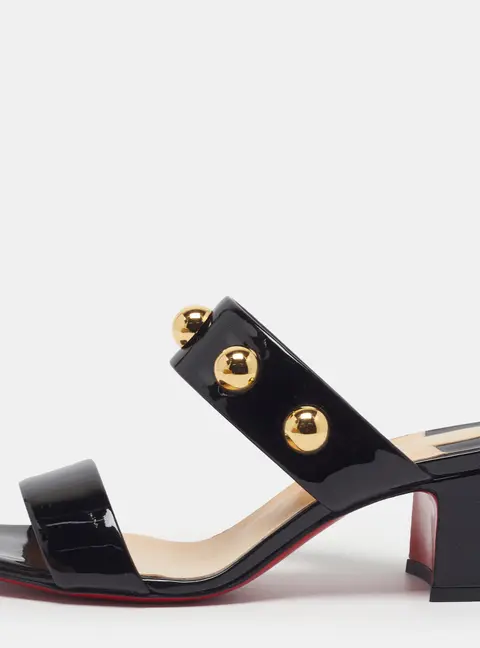 Christian Louboutin Simple Billi Size 36.5 Black Patent Leather 55 Studded Slide Sandals