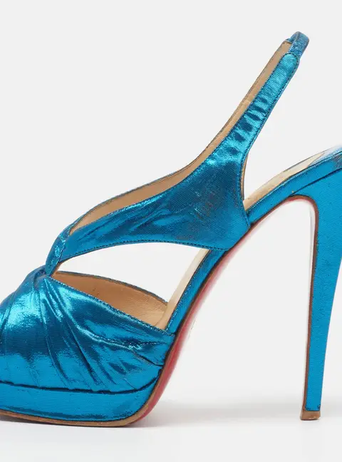 Christian Louboutin Fortuna Size 39.5 Blue Metallic Lurex Fabric Platform Slingback Sandals