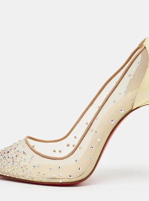 Christian Louboutin Follies Strass Size 41 Two Tone Mesh and Patent Leather Crystal Embellished Pumps
