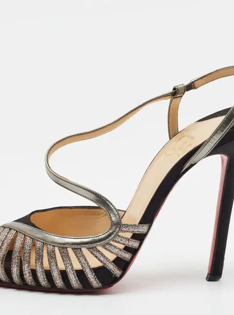Christian Louboutin Scoubridou Asymmetric Size 37 Black/Metallic Bronze Leather and Satin Slingback Sandals