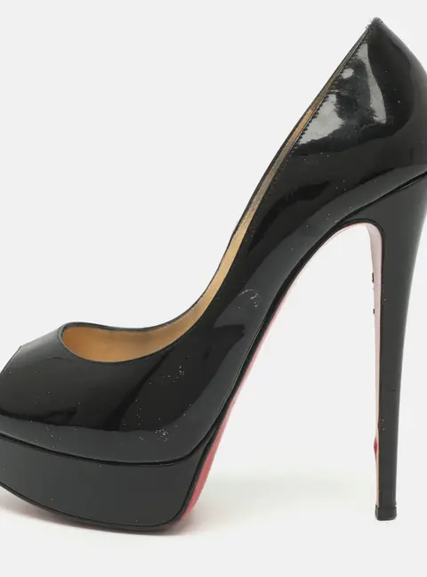 Christian Louboutin Very Prive Size 39.5 Black Patent Leather Platform Peep Toe Pumps