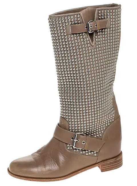 Christian Louboutin Beige Leather Studded Buckle Detail Mid Calf Boots Size 37