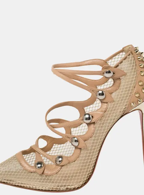 Christian Louboutin Beige Leather and Mesh Spike Strappy Sandals Size 39
