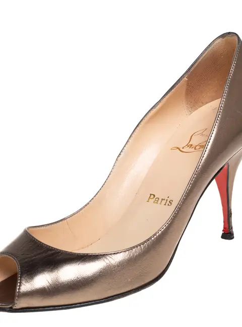 Christian Louboutin Metallic Olive Green Leather Very Prive Peep Toe Pumps Size 39