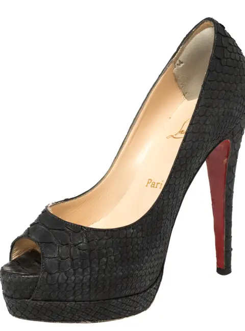 Christian Louboutin Very Prive Size 35 Black Python Leather Peep Toe Pumps