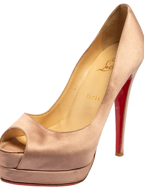 Christian Louboutin Beige Satin Palais Royal Peep Toe Platform Pumps Size 37.5