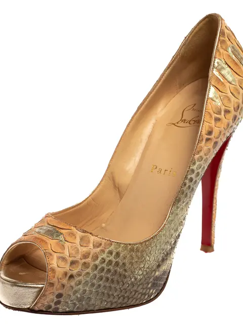 Christian Louboutin New Very Prive Size 38.5 Beige Python Leather Peep Toe Pumps