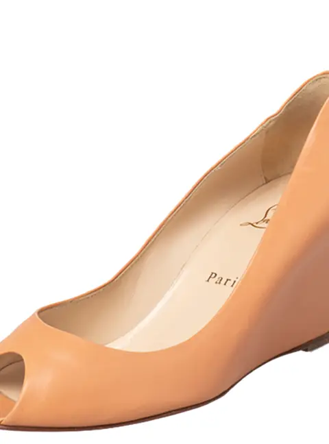 Christian Louboutin Peach Leather Peep Toe Wedge Pumps Size 38.5
