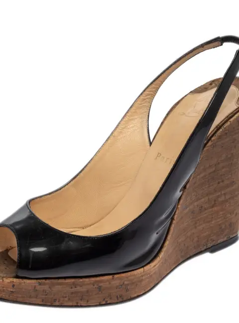 Christian Louboutin Black Patent Leather Une Plume Peep Toe Cork Slingback Wedges Size 41