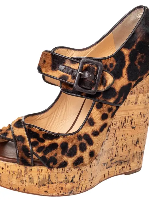 Christian Louboutin Brown Leopard Print Pony Hair Melides Cork Wedge Sandals Size 38.5