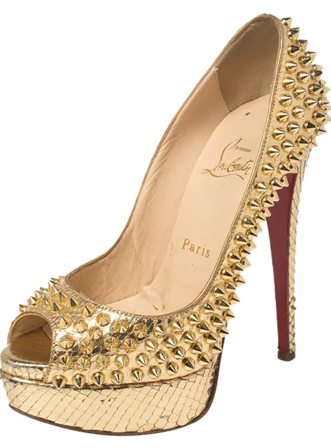 Christian Louboutin Metallic Gold Python Leather Lady Peep Toe Spike Platform Pumps Size 35
