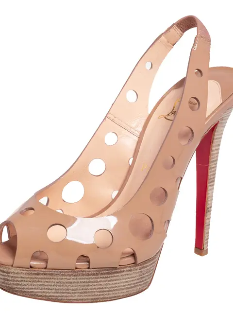 Christian Louboutin Beige Patent Leather Ginza Platform Slingback Sandals Size 38