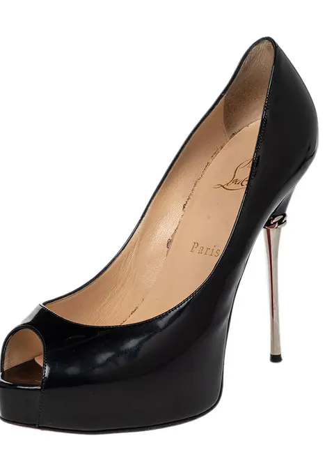 Christian Louboutin Black Patent Leather Miss Desprez Chain Detail Peep Toe Pumps Size 38.5