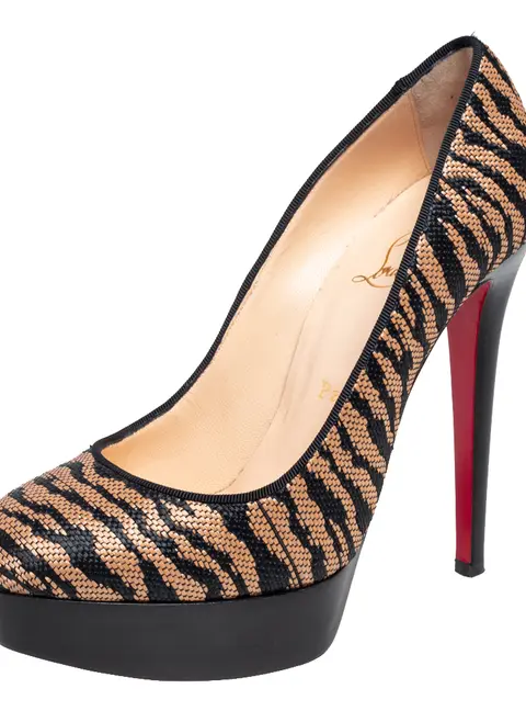 Christian Louboutin Two Tone Raffia Bianca Panama Tiger Weave Platform Pumps Size 37.5