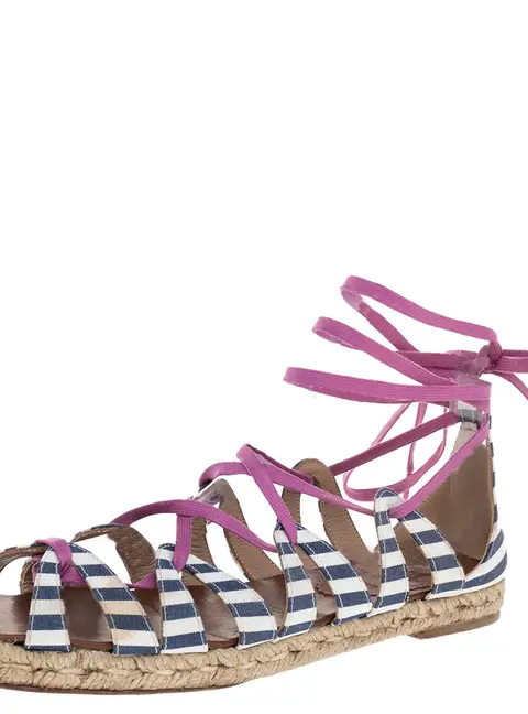 Christian Louboutin Multicolor Fabric Espadrille Ankle Wrap Flat Sandals Size 36