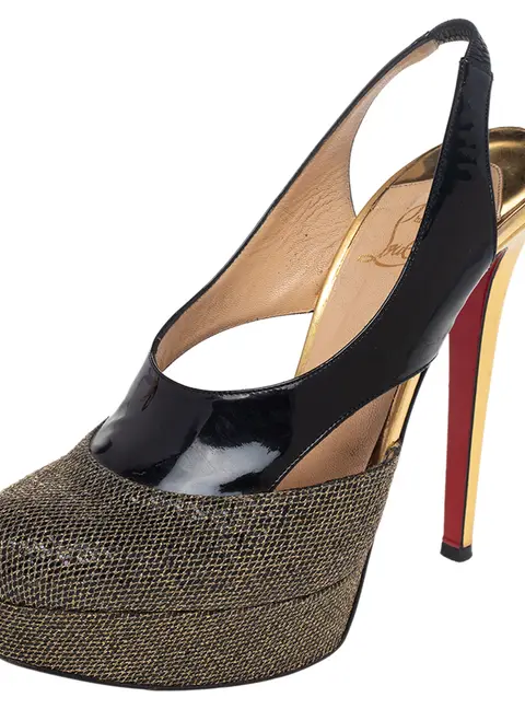 Christian Louboutin Black/Gold Patent and Metallic Mesh Platform Slingback Pumps Size 38.5