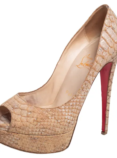 Christian Louboutin Beige Python Embossed Cork Lady Peep Toe Platform Pumps Size 36.5
