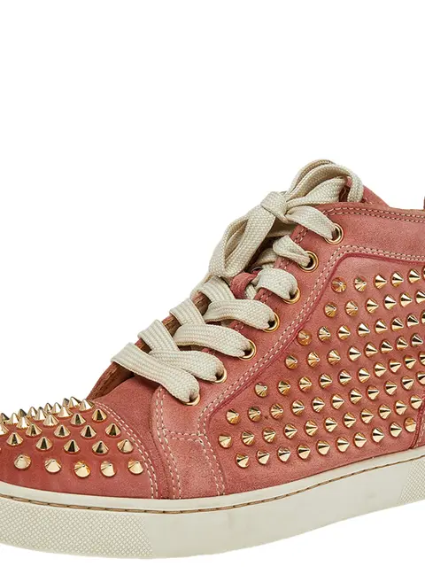 Christian Louboutin Peach Nubuck Spike Embellished Louis Orlato Mid Top Sneakers Size 38