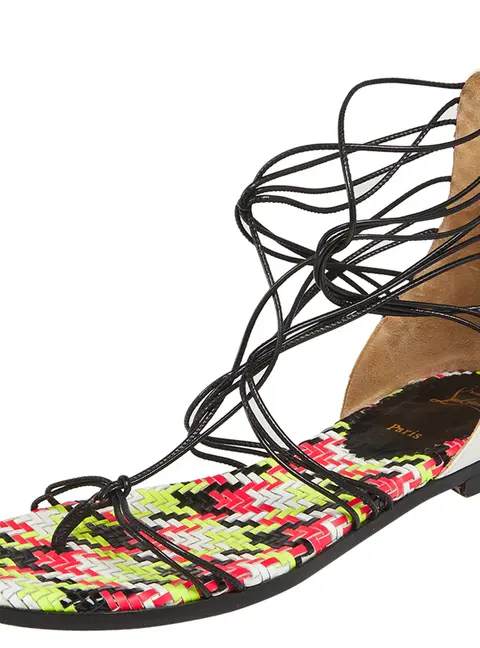 Christian Louboutin White/Black Patent Leather Blanca Gladiator Flat Sandals Size 37