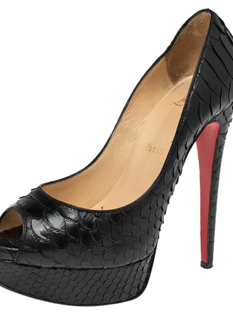 Christian Louboutin Lady Peep Size 35 Black Python Leather Peep Toe Pumps