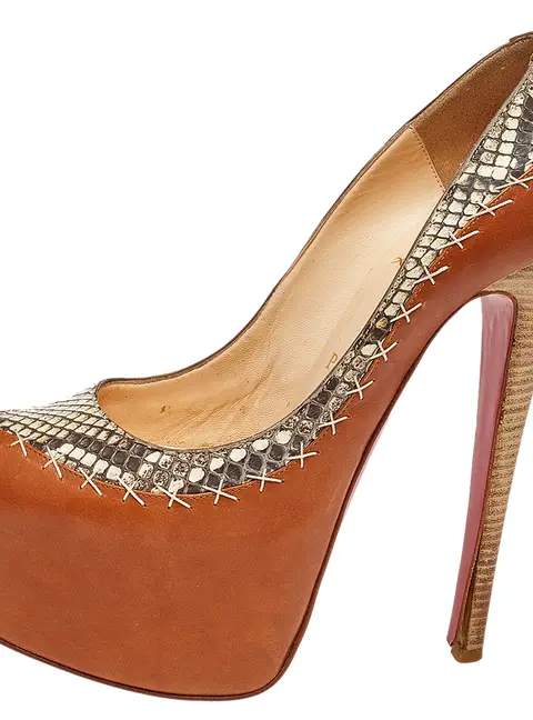 Christian Louboutin Daffodile Size 38 Brown Leather and Python Leather Platform Pumps