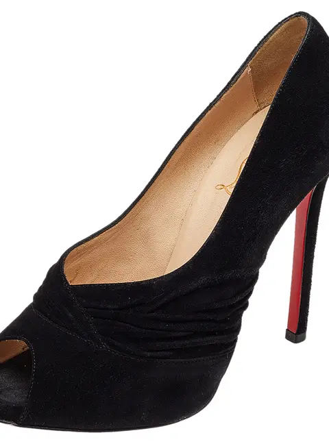 Christian Louboutin Black Suede Ruched Detail Drapadita Peep Toe Pumps Size 37.5