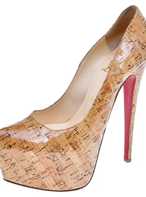 Christian Louboutin Beige Cork Highness Peep Toe Platform Pumps Size 37
