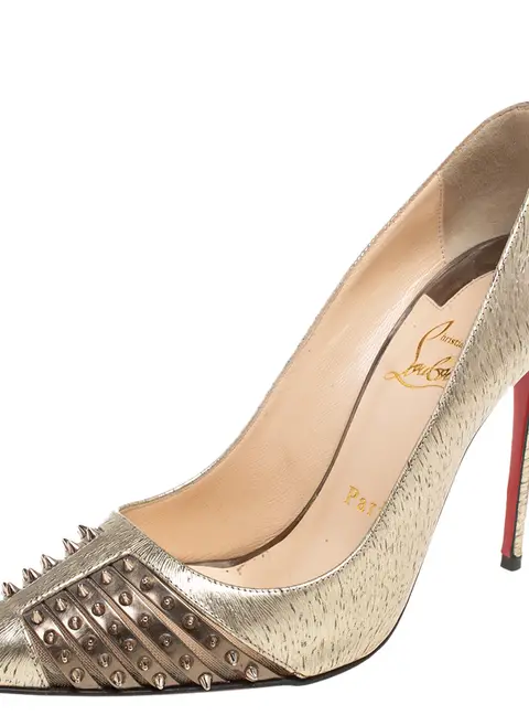 Christian Louboutin Gold Textured Leather Spike Bareta Pumps Size 36
