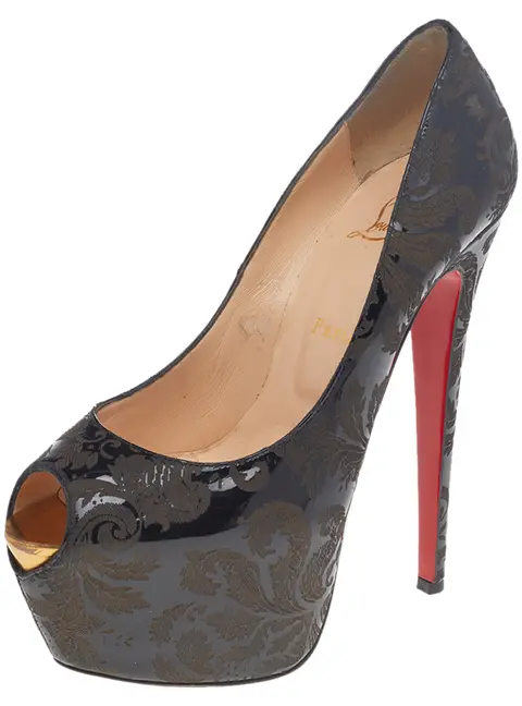 Christian Louboutin Black Patent Leather Highness Arabesque Motif Peep Toe Platform Pumps Size 38.5