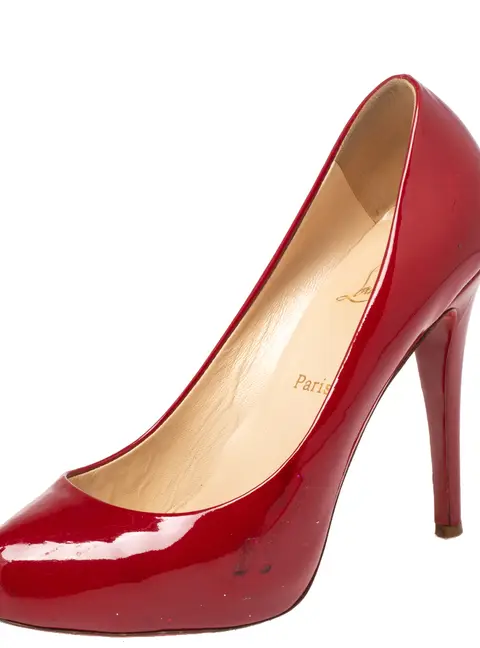 Christian Louboutin Red Patent Leather Peep Toe Platform Pumps Size 38