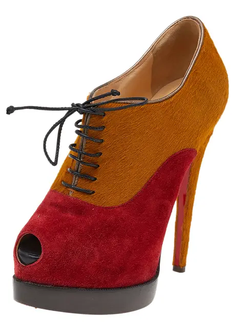 Christian Louboutin Yellow/Red Pony Hair And Suede Miss Poppins Peep Toe Platform Booties Size 36.5