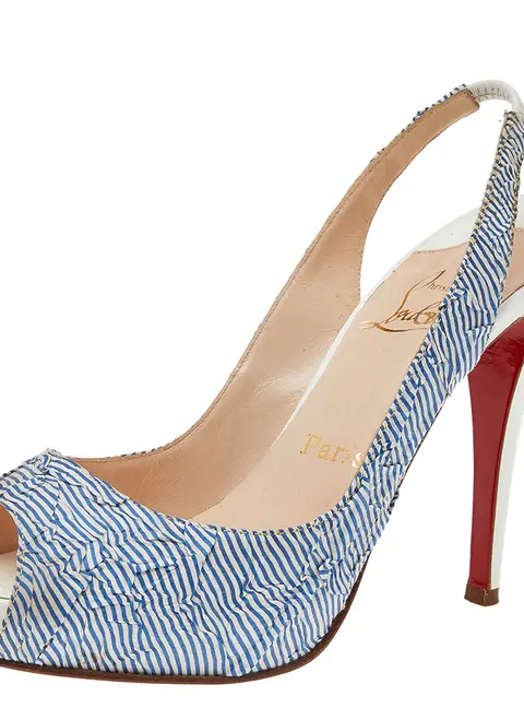 Christian Louboutin White/Blue Striped Fabric Prive Peep Toe Slingback Sandals Size 38