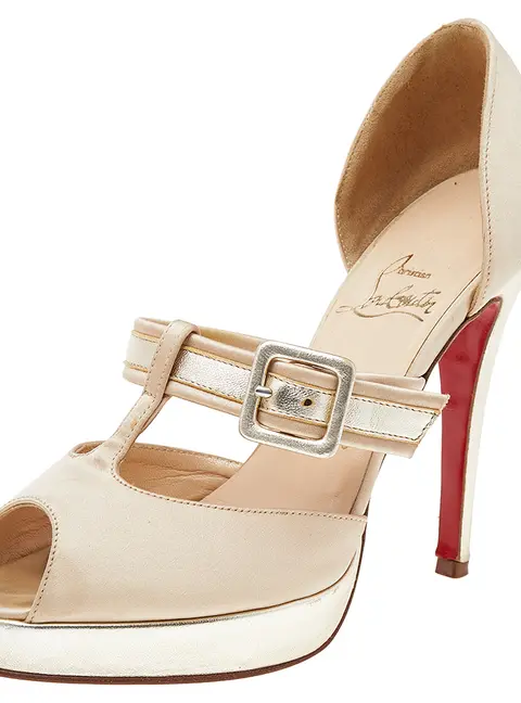 Christian Louboutin Beige-Gold Satin And Leather Peep Toe Platform Pumps Size 37.5