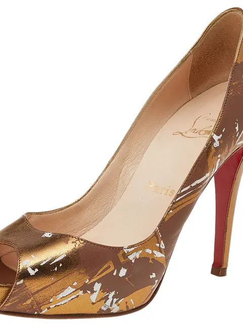 Christian Louboutin Metallic Gold Printed Leather New Very Prive 120 Peep Toe Pumps Size 38