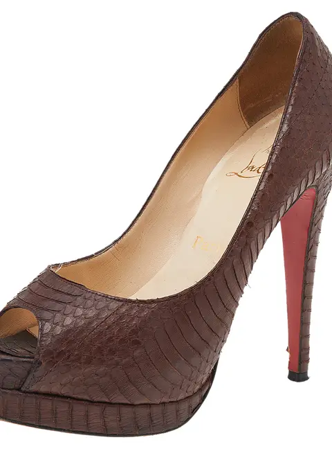 Christian Louboutin Brown Python Embossed Leather Peep Toe Pumps Size 36.5