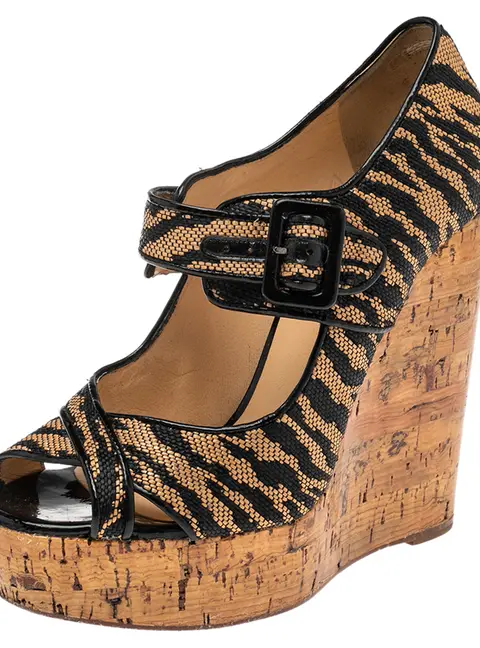 Christian Louboutin Brown Raffia Tiger Melides Wedge Sandals Size 38.5