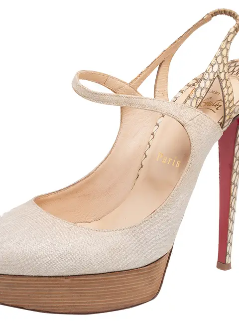Christian Louboutin Beige Canvas and Snakeskin Fine Bretelle Slingback Pumps Size 39.5