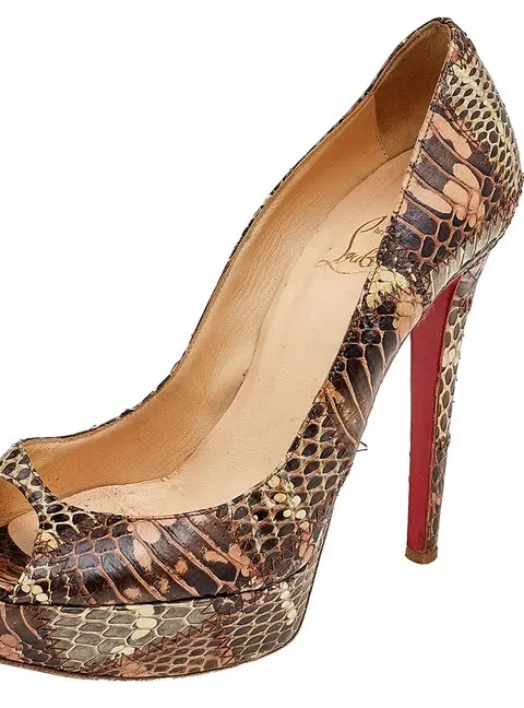 Christian Louboutin Brown Watersnake Patchwork Banana Peep Toe Platform Pumps Size 37.5