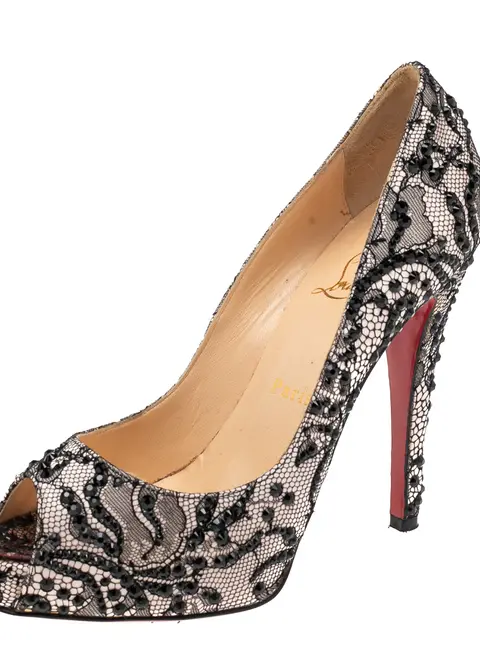 Christian Louboutin Black Strass Lace Very Prive Peep Toe Platform Pumps Size 37.5