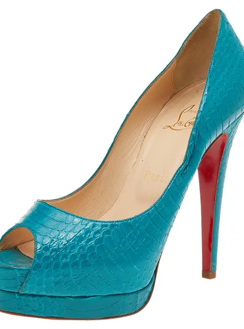 Christian Louboutin Turquoise Blue Python Leather Peep Toe Platform Pumps Size 38
