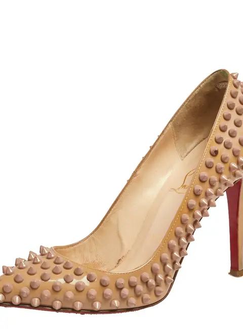 Christian Louboutin Beige Patent Leather Pigalle Spikes Pointed Toe Pumps Size 38