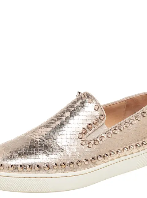 Christian Louboutin Gold Python Embossd Leather Spike Slip On Sneakers Size 37