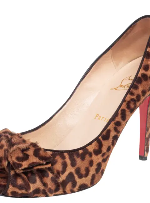 Christian Louboutin Brown Animal Print Calf Hair Knotted Peep Toe Pumps Size 39