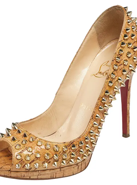 Christian Louboutin Beige Cork Spike Peep Toe Platform Pumps Size 37.5