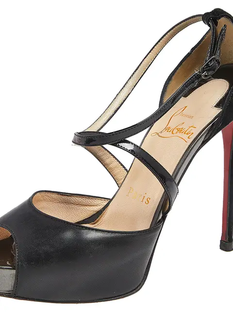 Christian Louboutin Black Patent And Leather Cross Me Crisscross Platform Sandals Size 35