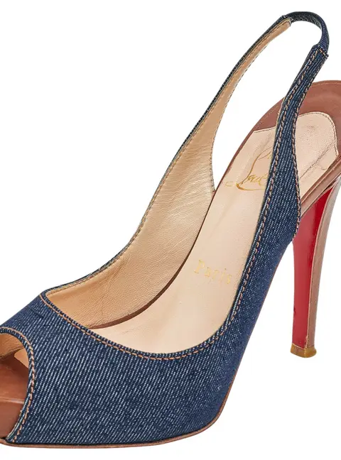 Christian Louboutin Blue Denim Fabric Lady Peep Toe Slingback Platform Sandals Size 36